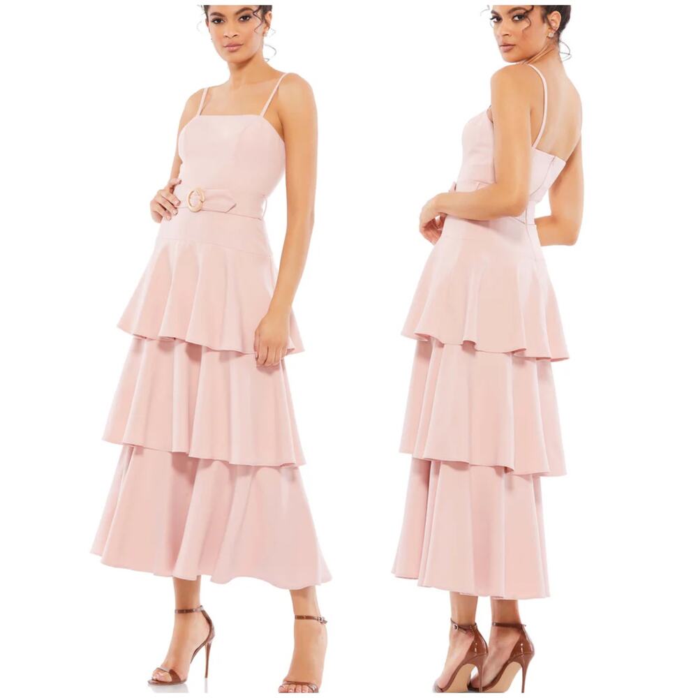 Mac Duggal NWT Belted Tiered Ruffle Sleeveless Midi Dress Rose Pink Size 12